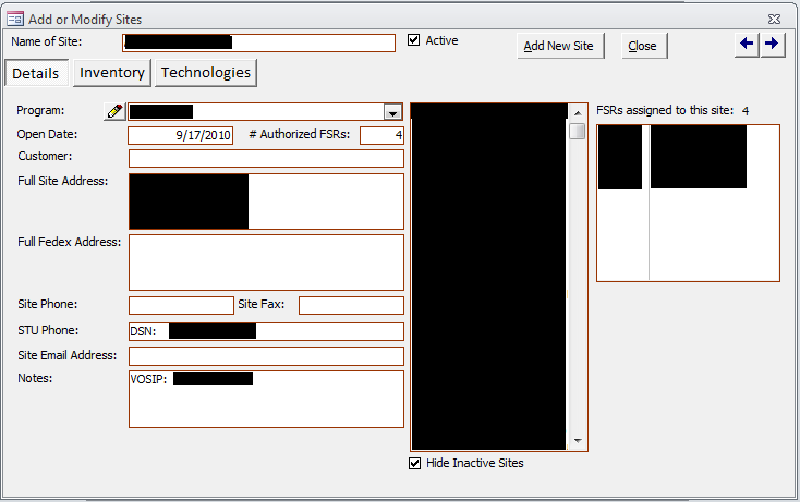 Add or Modify Sites form showing a site's program, open date, authorized FSR count, customer, addresses, phone and fax numbers, and tabs for Details, Inventory, and Technologies.