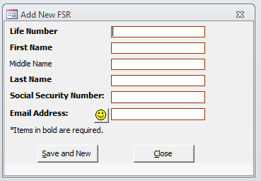Dialog for creating a new FSR record.